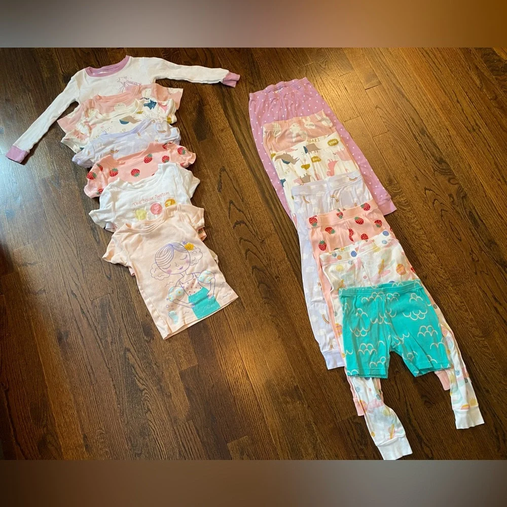 LOT- 7 pairs cotton pajama sets girl size 4T (14pcs total) sleepwear USED pjs